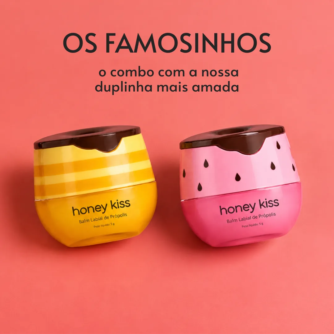 Combo Os Famosinhos: potes do balm labial HoneyKiss sabores Mel e Morango lado a lado
