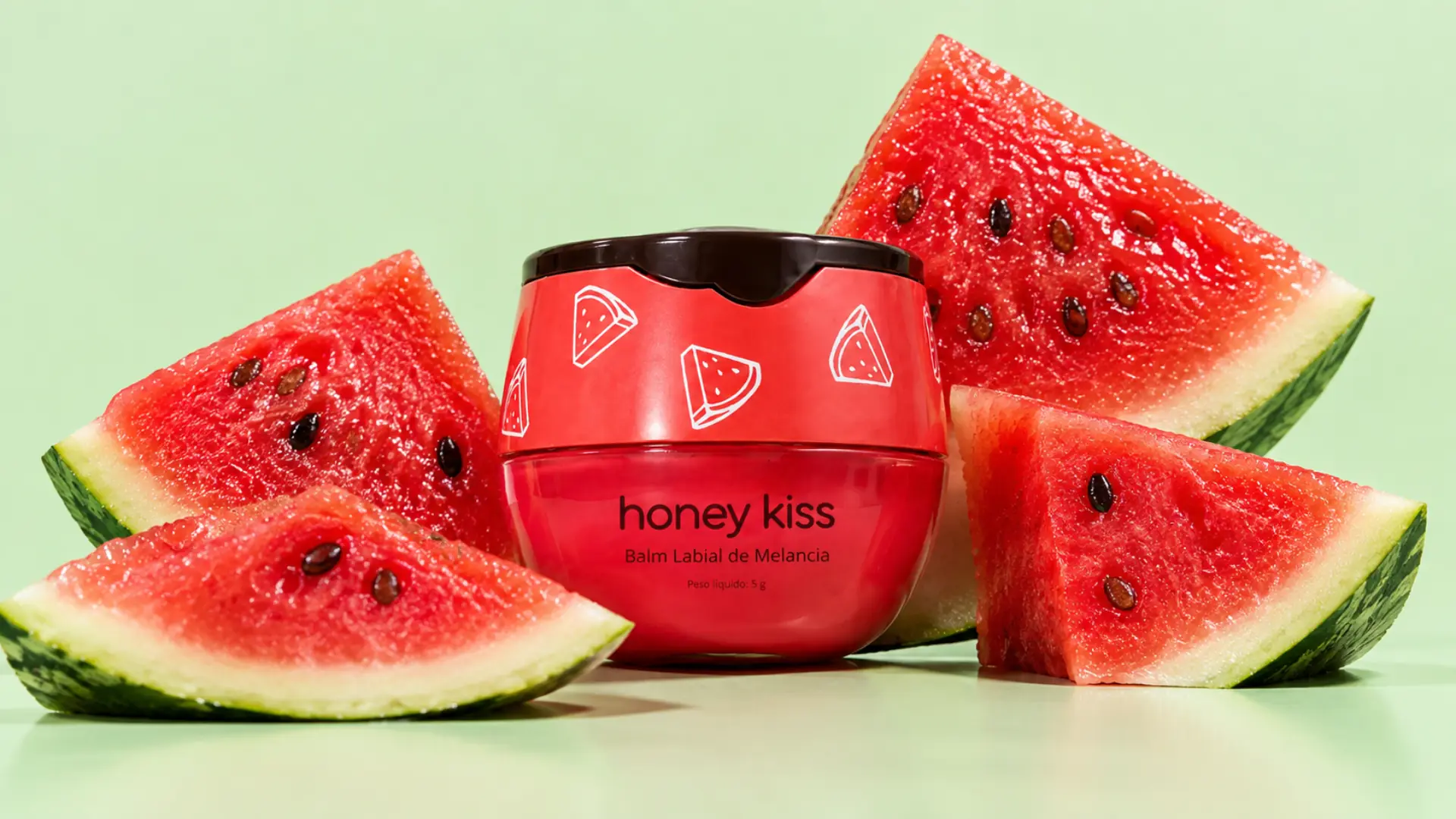 Pote do balm labial HoneyKiss sabor Melancia, entre fatias de melancia