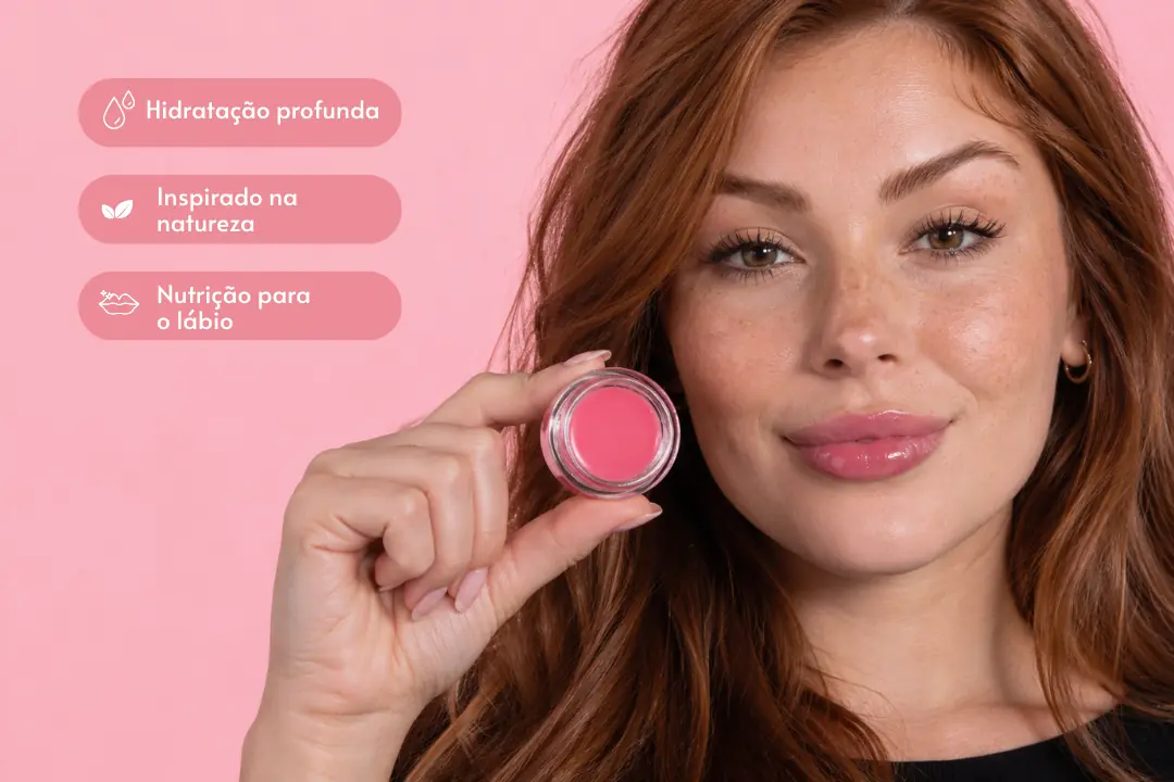 Pote do balm labial HoneyKiss sabor Morango, cercado de morangos, foto 3